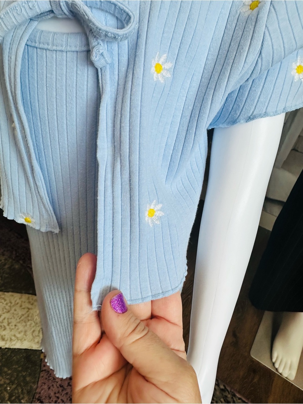 Btween Girls Blue Daisy Ribbed Dress & Matching Tie-Front Shrug Set - Picture 3 of 9